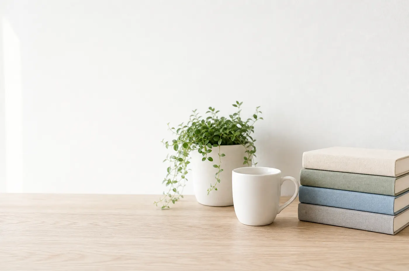 A clear desk with a plant, a mug and a small stack of books
