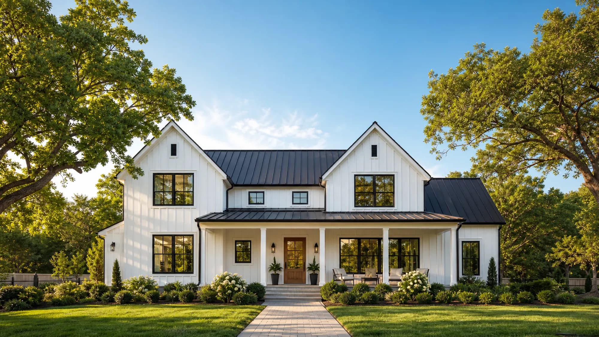 A two-story home with lush landscaping