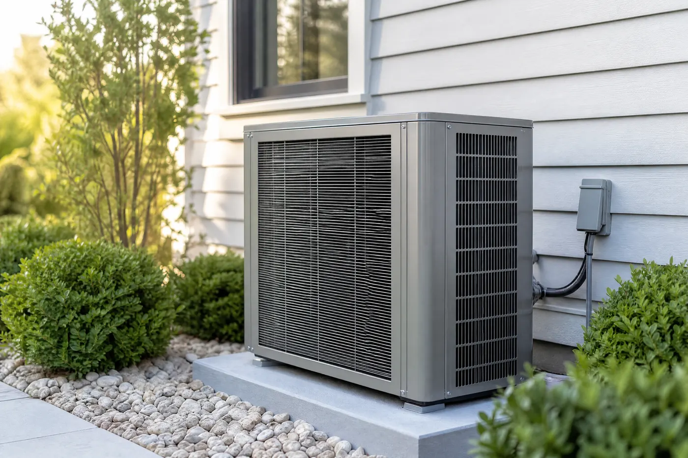 An outdoor air-conditioning unit beside a home