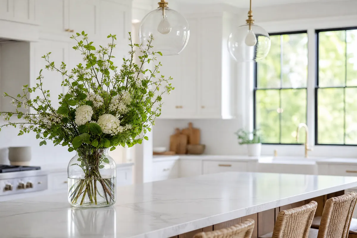 A bright new kitchen with a vase of fresh greenery on the island