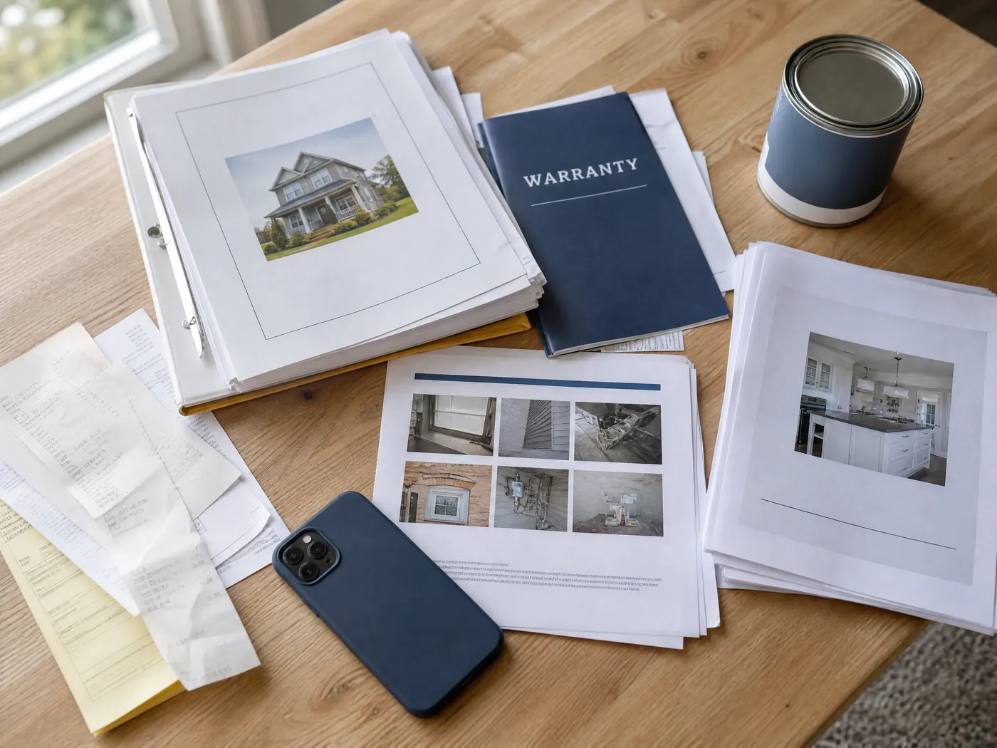 A closing binder, warranty booklet, receipts, a phone and a paint can spread on a table