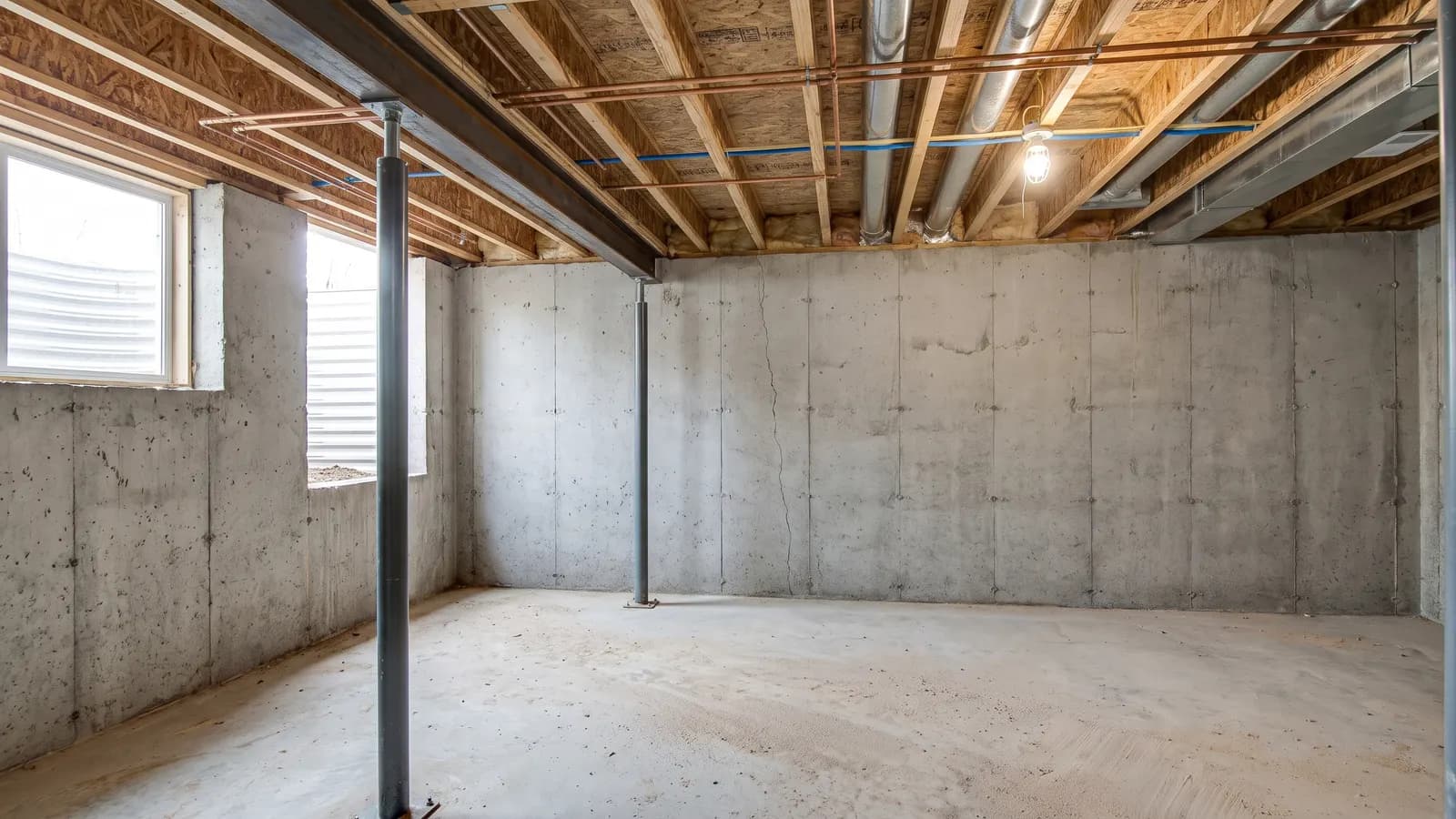 New home basement with poured foundation walls, steel beam and floor joists