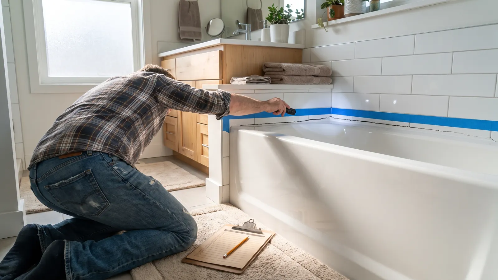 Homeowner inspecting cracked caulk at a bathtub during an 11 month warranty inspection