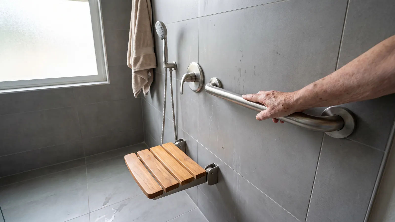 Grab bar and curbless walk-in shower remodeled for aging in place