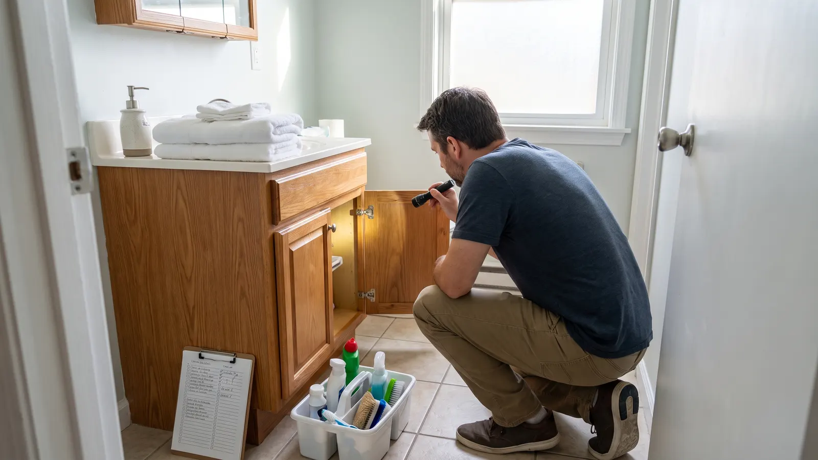 Host checking under a bathroom sink during a rental turnover