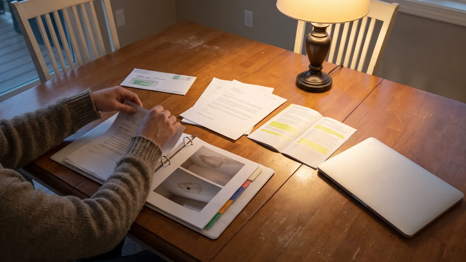 Homeowner organizing letters and defect photos for a builder dispute