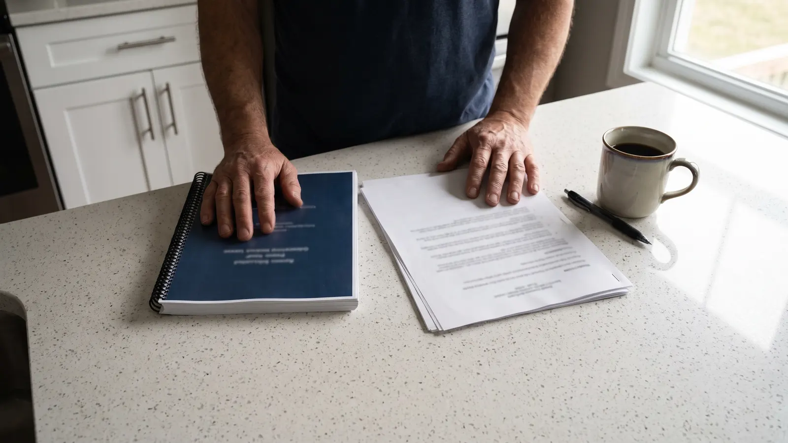 Builder warranty booklet and home warranty contract side by side on a counter
