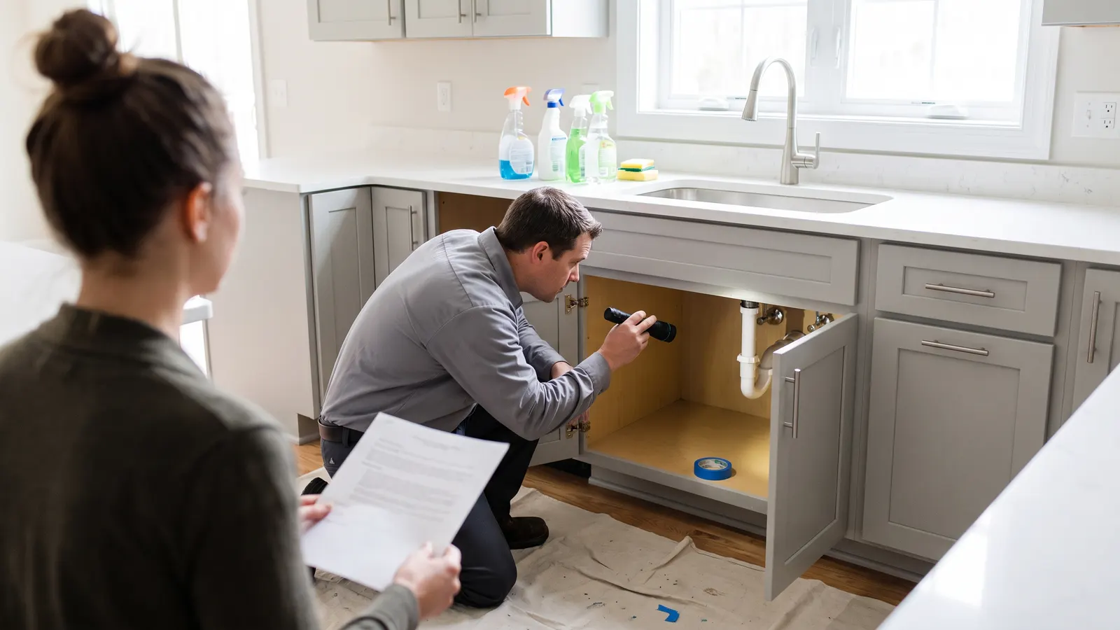 Warranty technician checking a kitchen sink cabinet cleared out for the visit