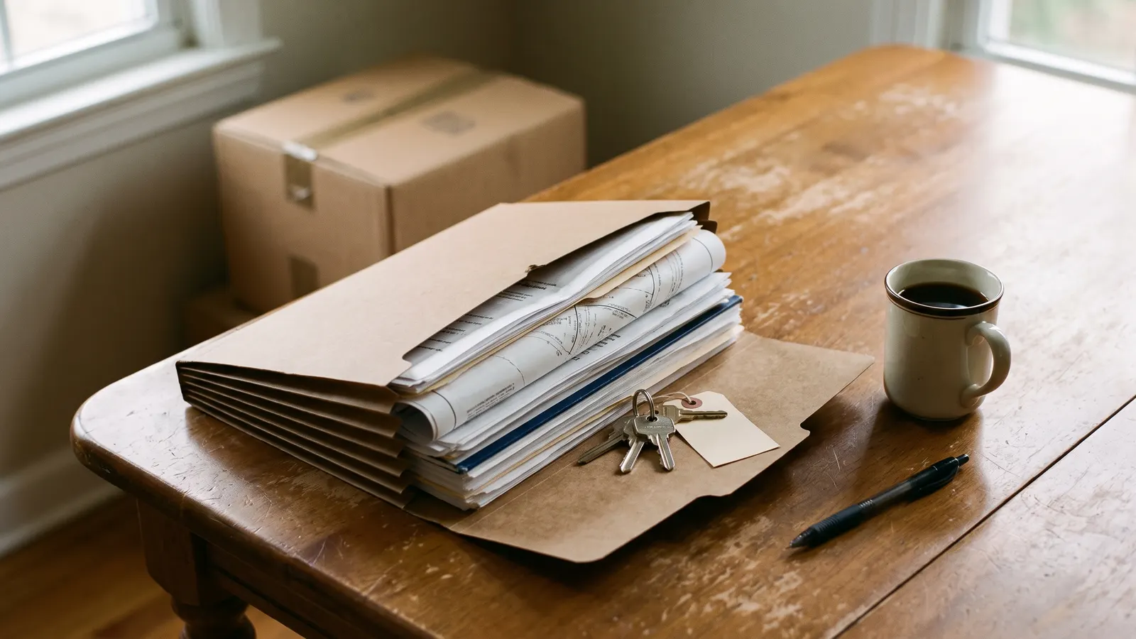 Closing day documents in an accordion folder with new house keys