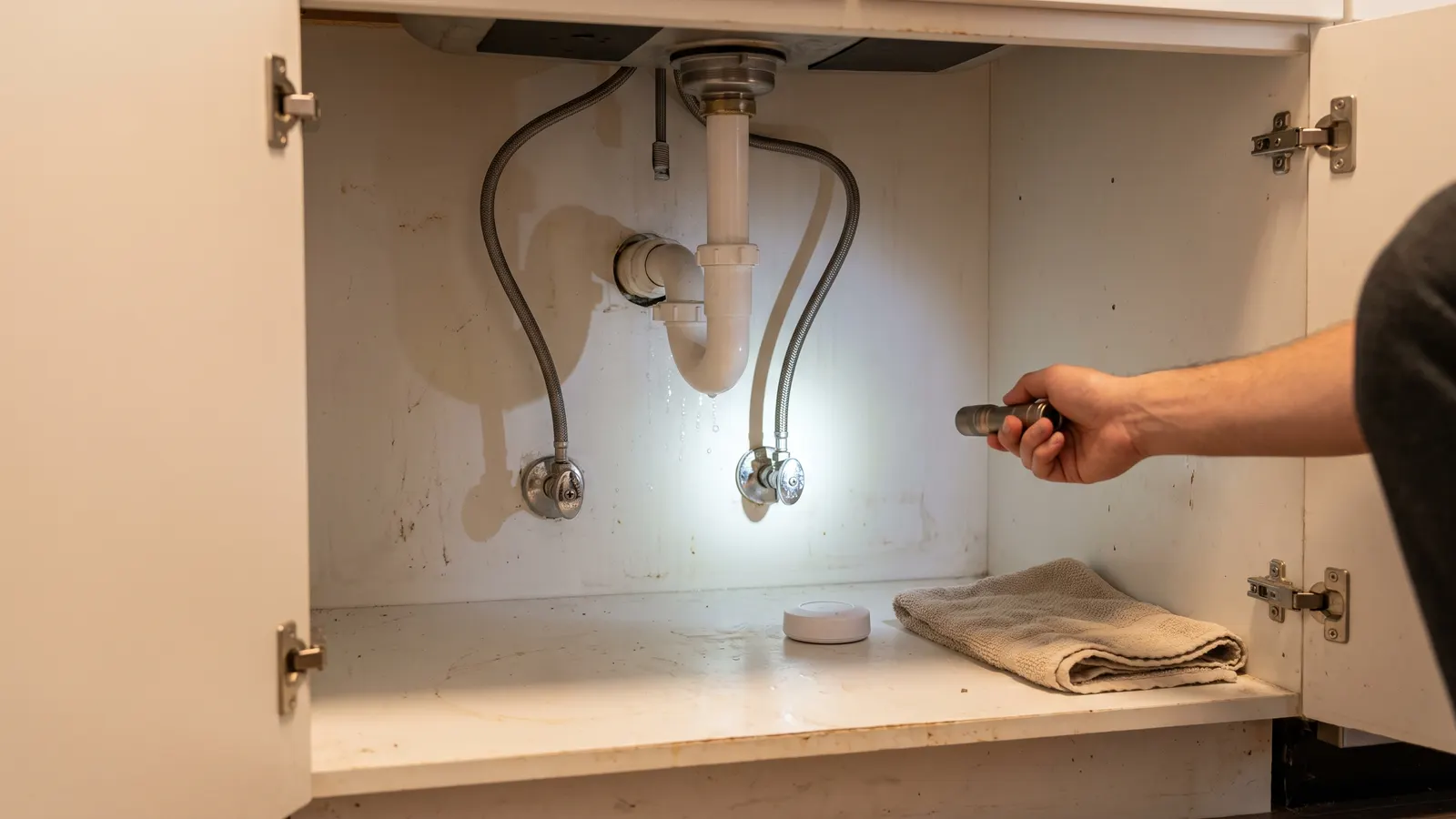 Checking the supply lines and a leak sensor under a condo kitchen sink