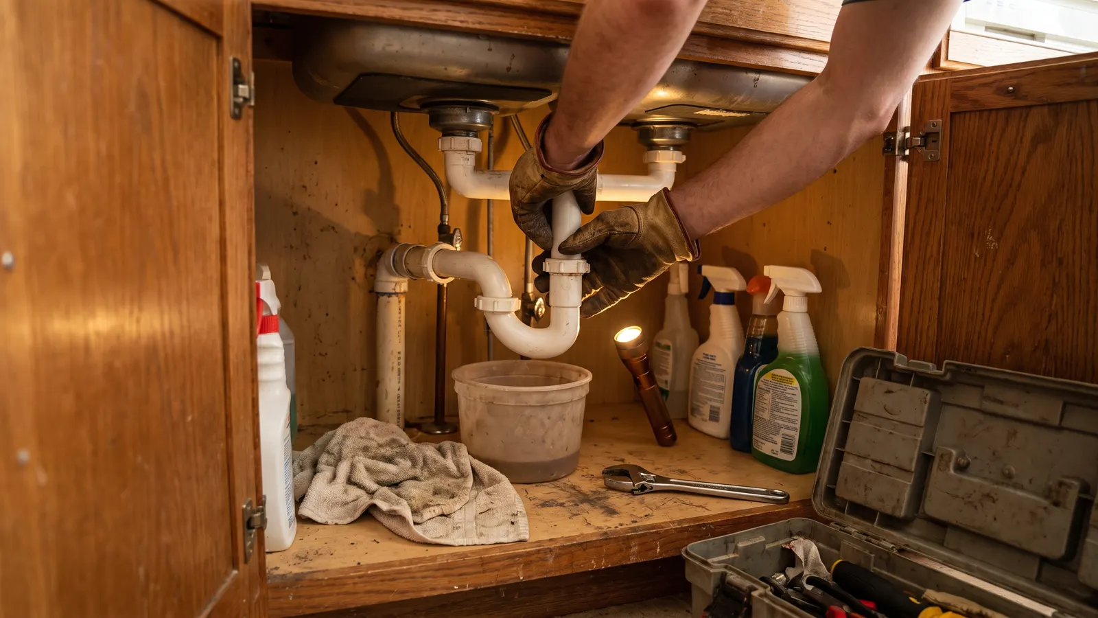 Homeowner fixing a leaking sink trap as a DIY home repair