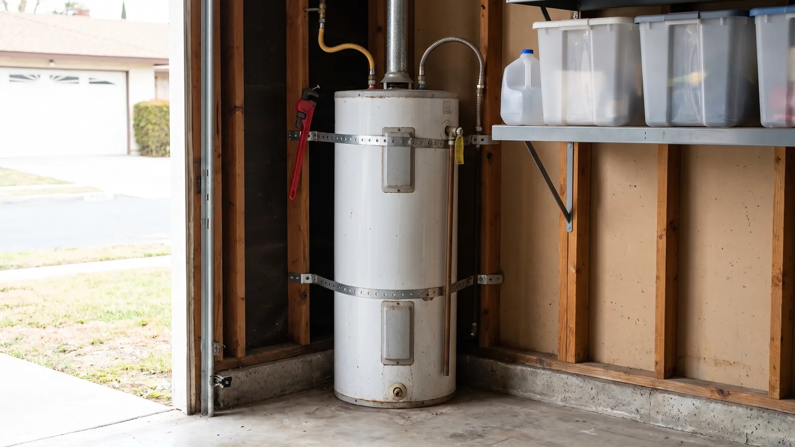Seismic straps securing a water heater for earthquake preparedness
