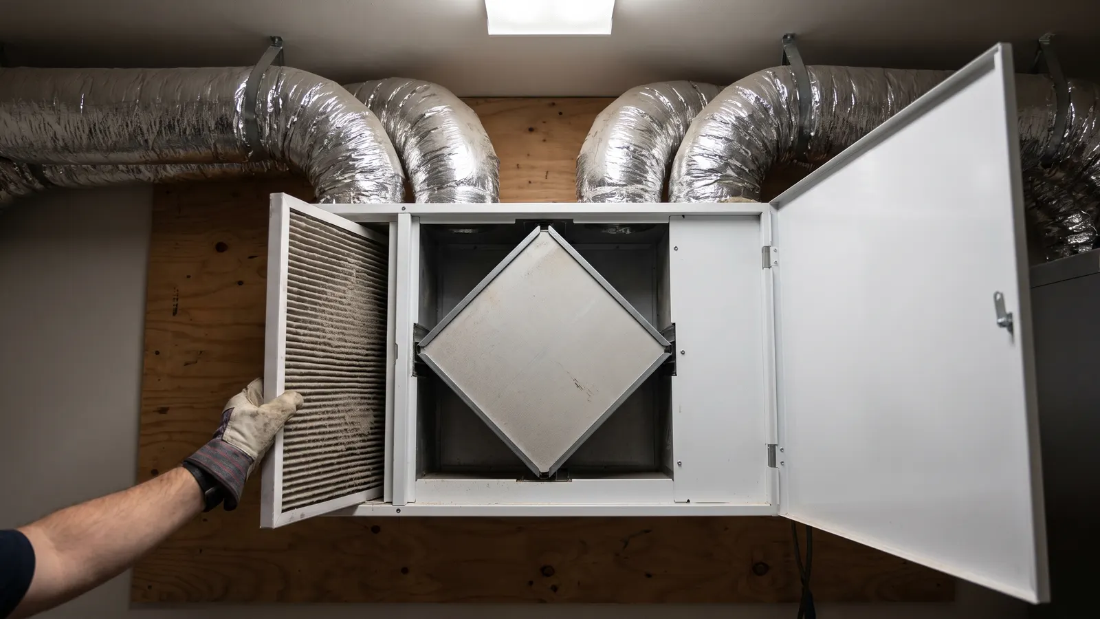 ERV unit with its front cover open showing the core and filters