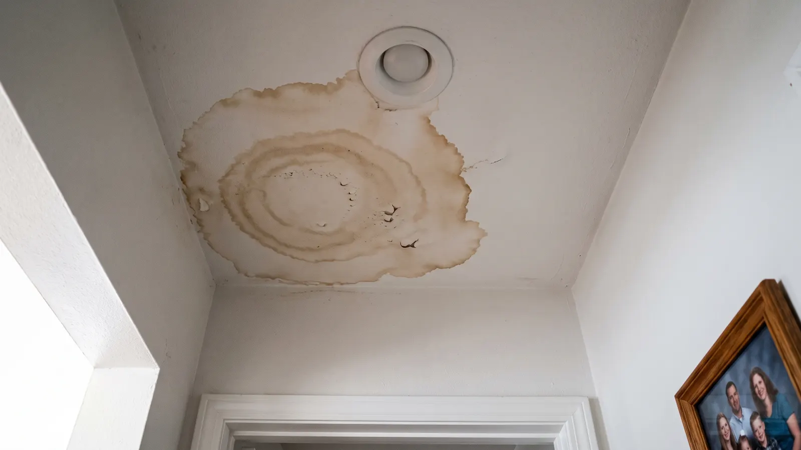 Brown water stain and bubbling paint on a ceiling from a hidden leak