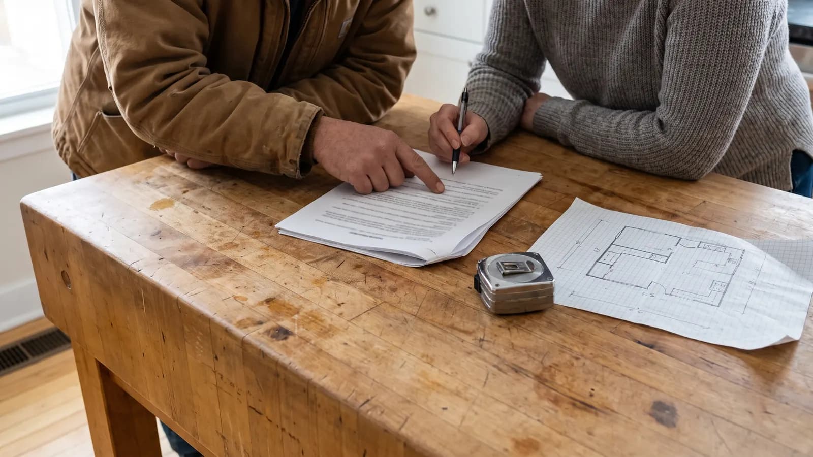 Homeowner reviewing a written quote with a contractor at a kitchen island