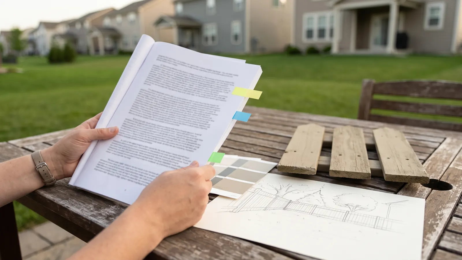 Homeowner reviewing HOA covenants with a fence sample for approval