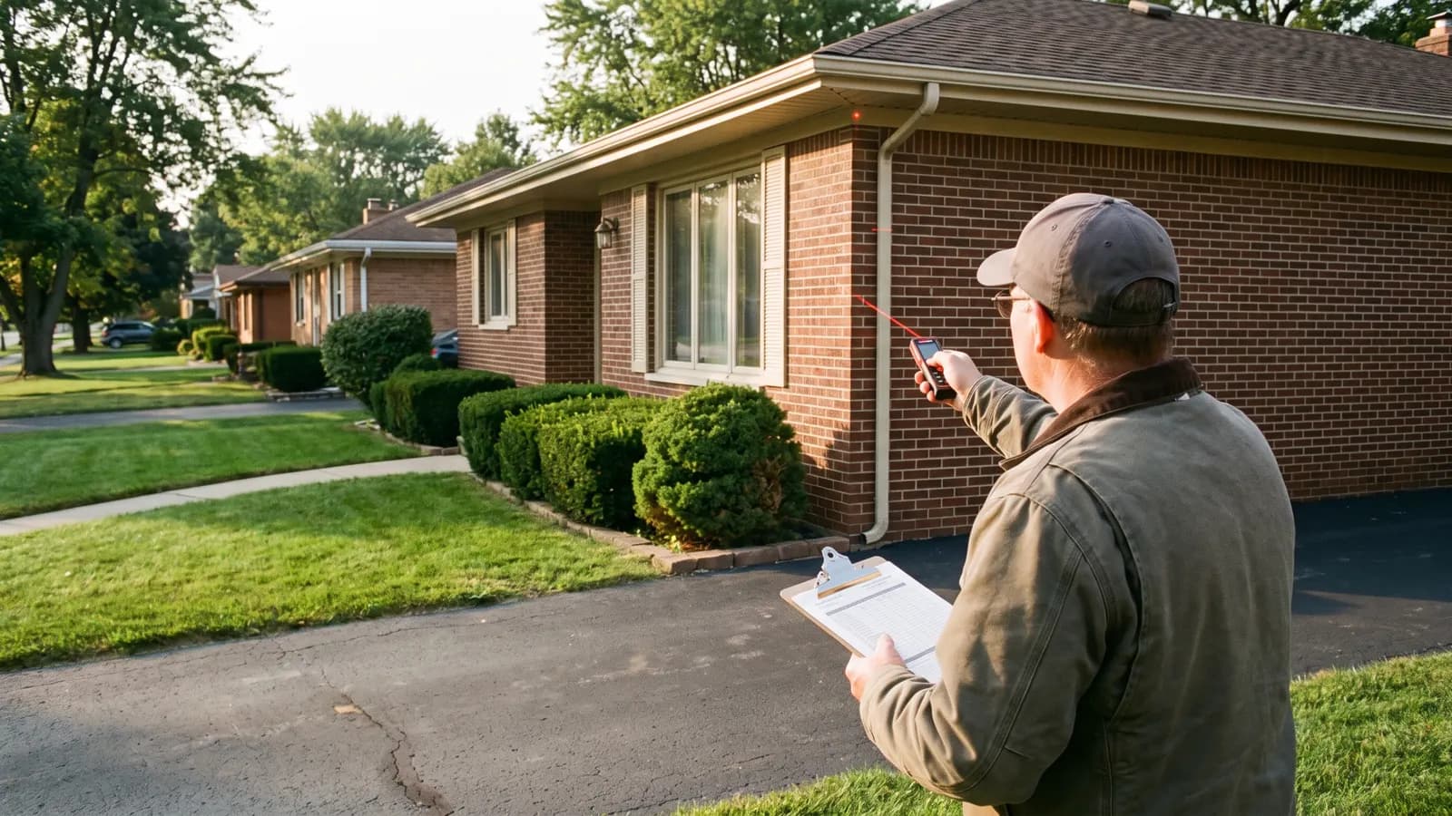 Home appraiser measuring a house exterior