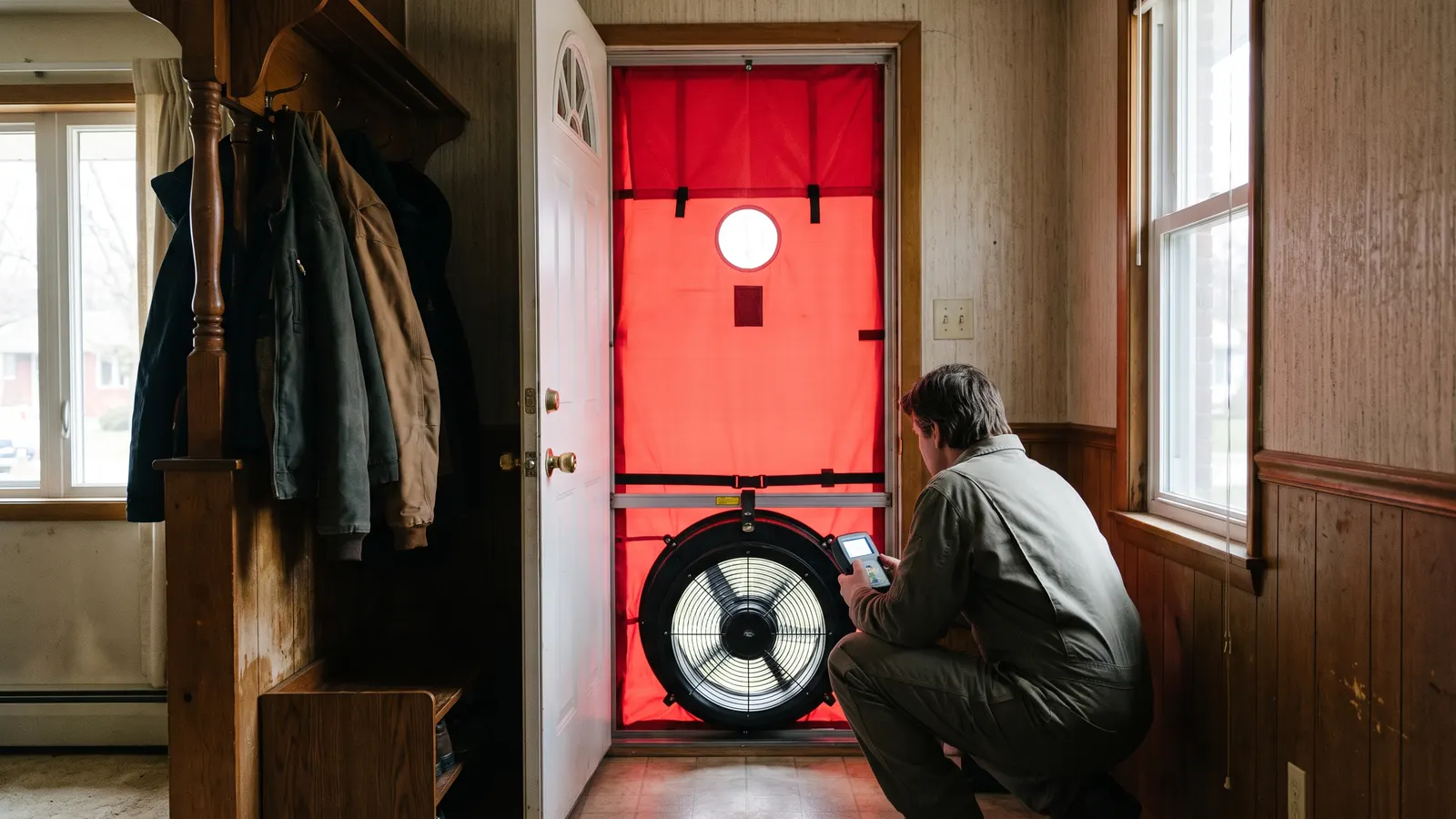 Blower door test set up in a front doorway during a home energy audit