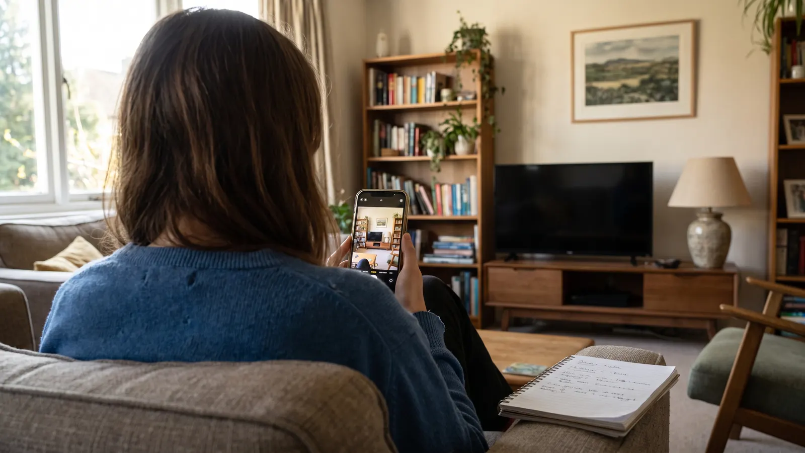 Homeowner photographing a living room for a home inventory