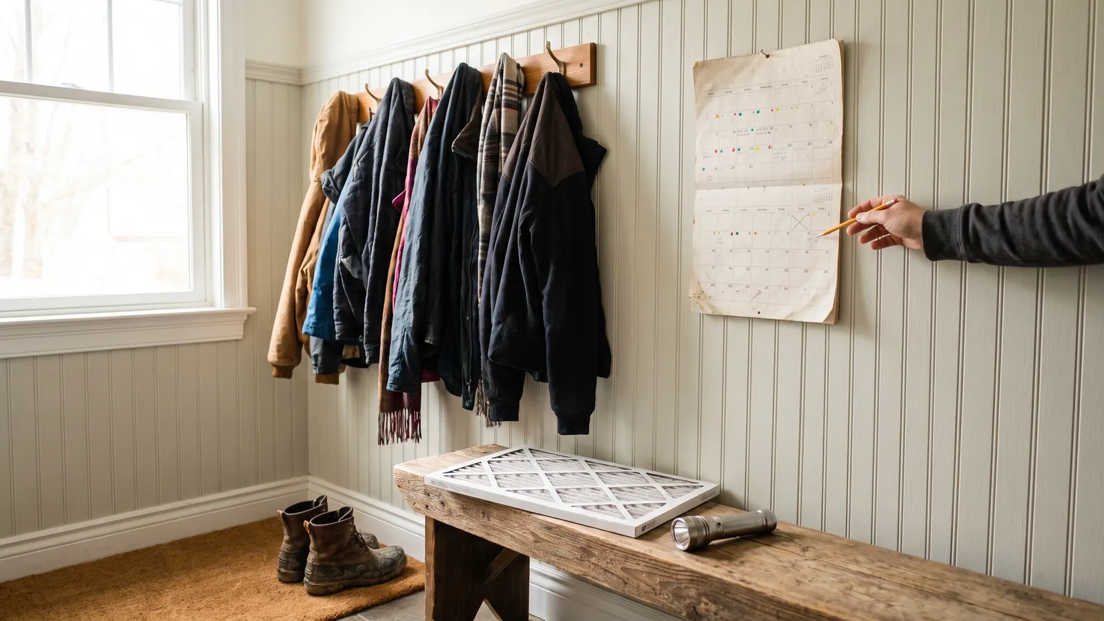 Paper home maintenance calendar hanging on a mudroom wall