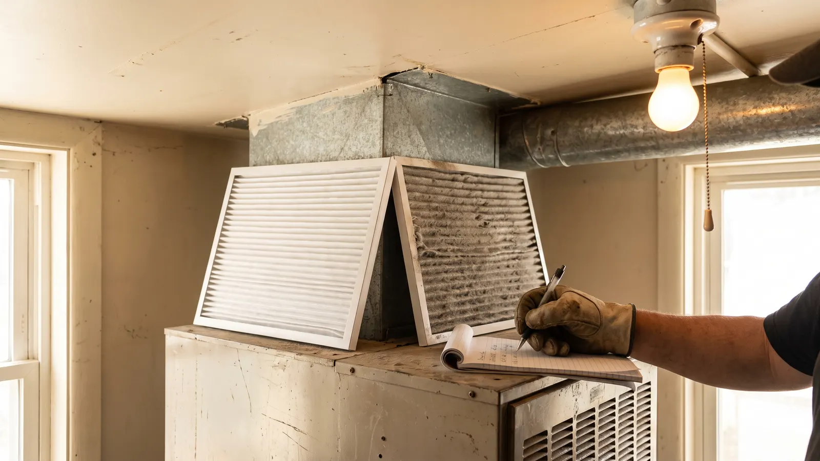 Hand writing a dated entry in a home maintenance log beside a furnace filter