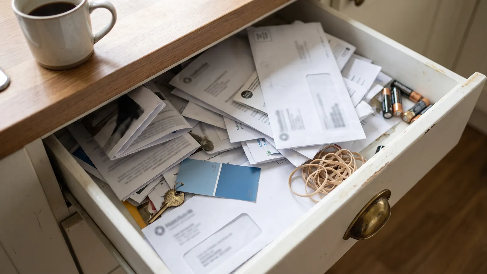 Kitchen drawer stuffed with loose household paperwork, envelopes and a spare key