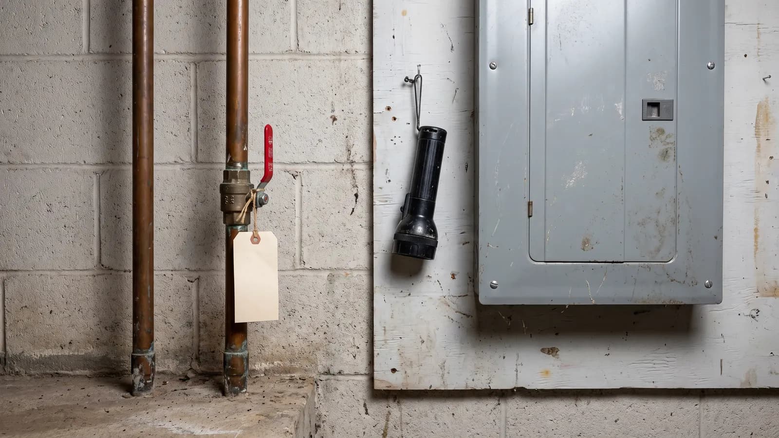 Main water shutoff valve with a blank tag beside a home electrical panel