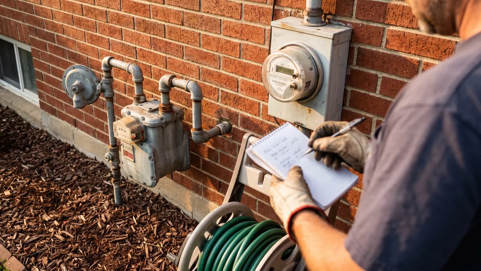 Homeowner writing down utility details beside the gas and electric meters
