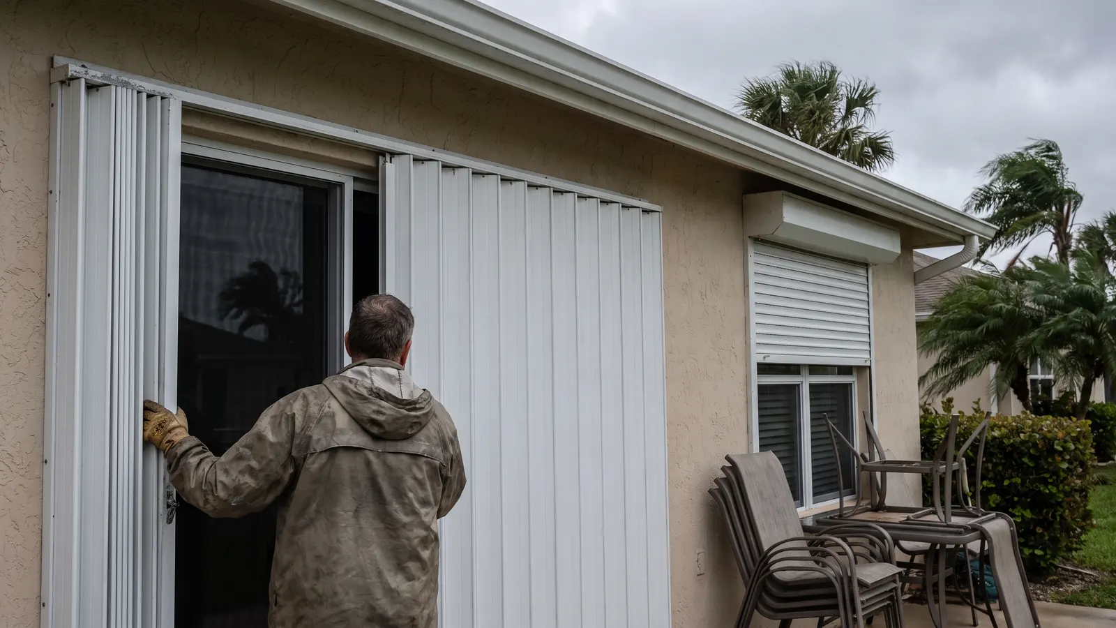 Homeowner closing accordion hurricane shutters across a sliding glass door