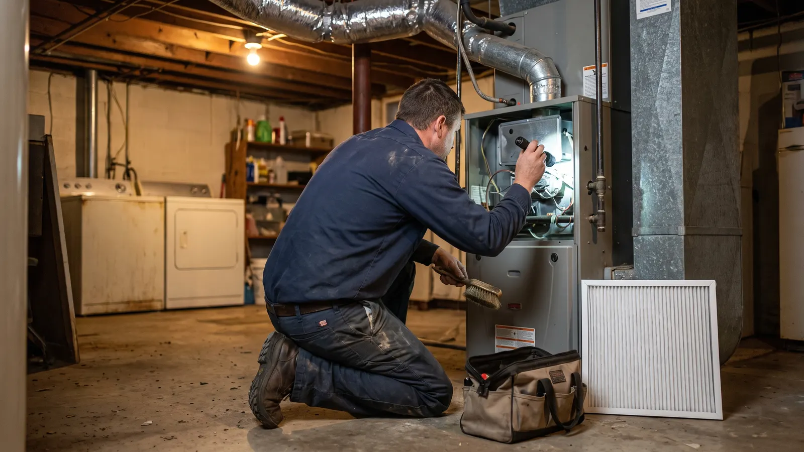 HVAC technician doing a pre-season furnace tune-up before winter