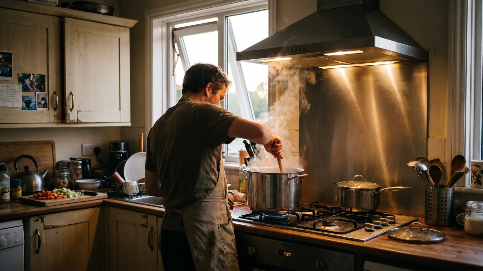 Range hood pulling cooking steam away from a gas cooktop