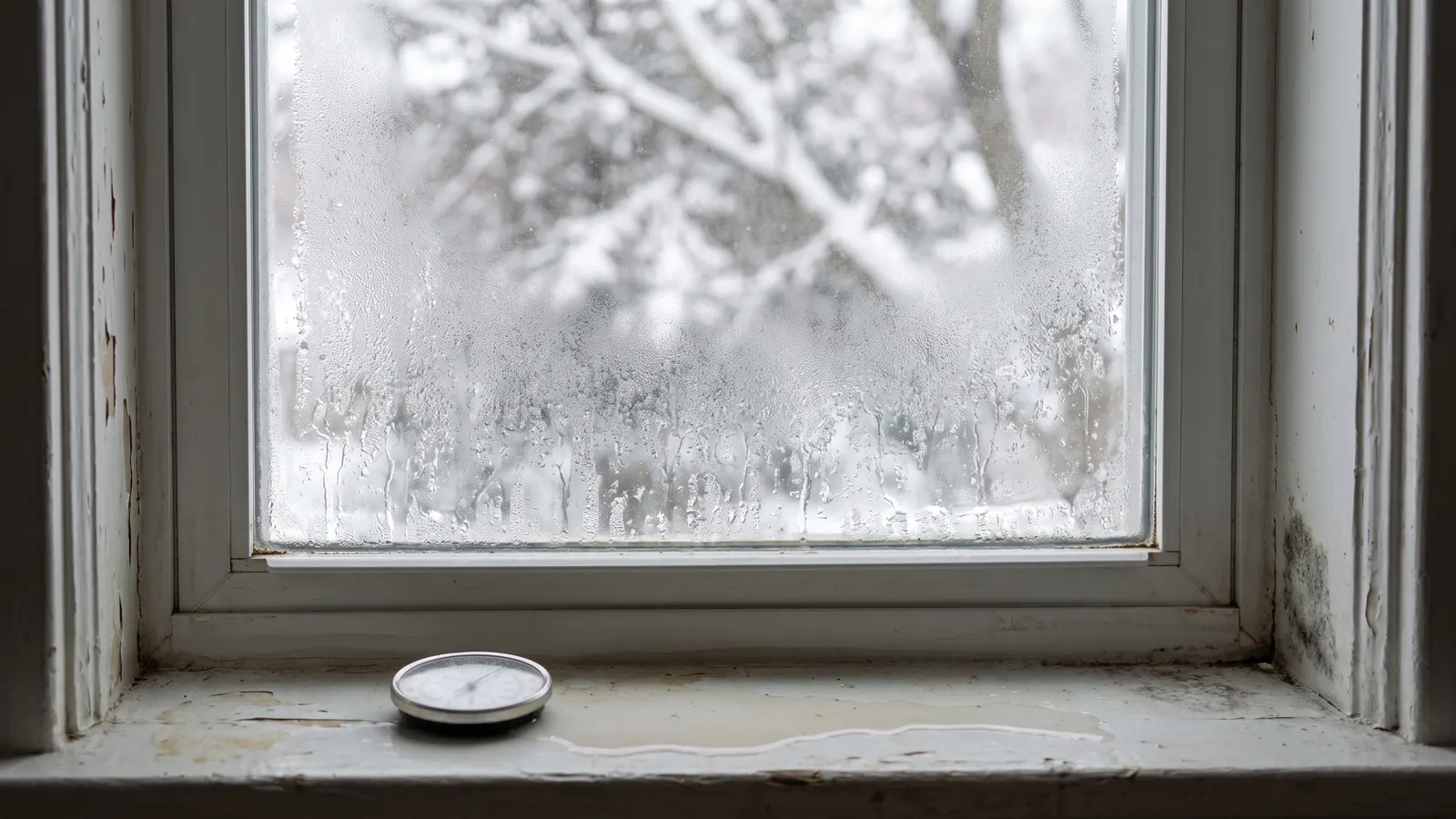 Condensation on a winter window with a small hygrometer on the sill