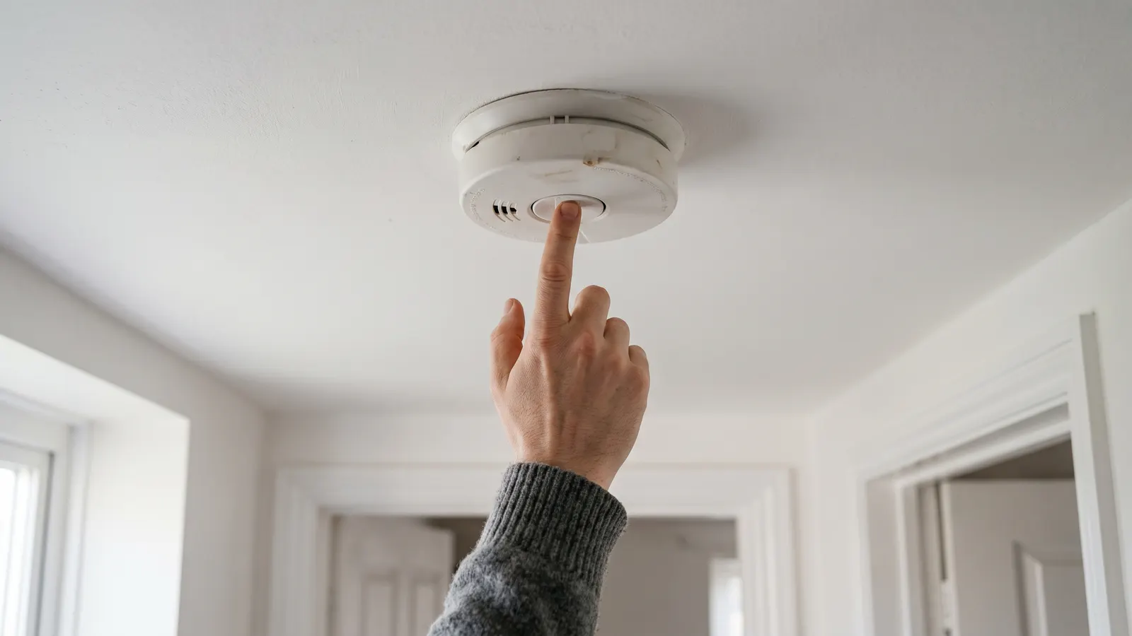 Pressing the test button on a ceiling smoke alarm in a hallway