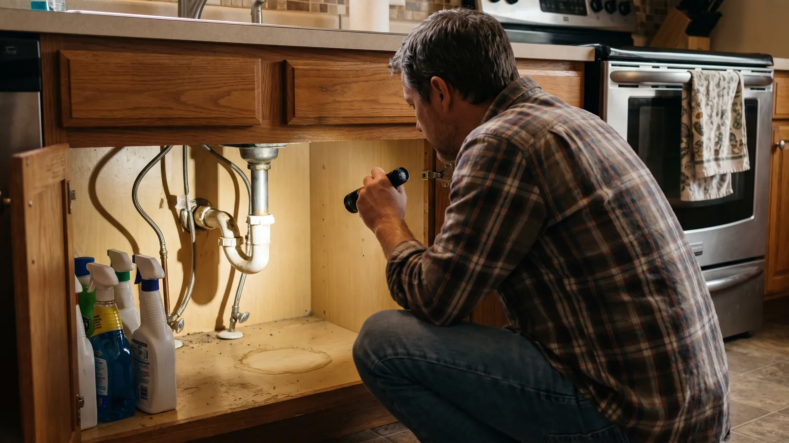 Checking under a kitchen sink with a flashlight during a monthly walkthrough