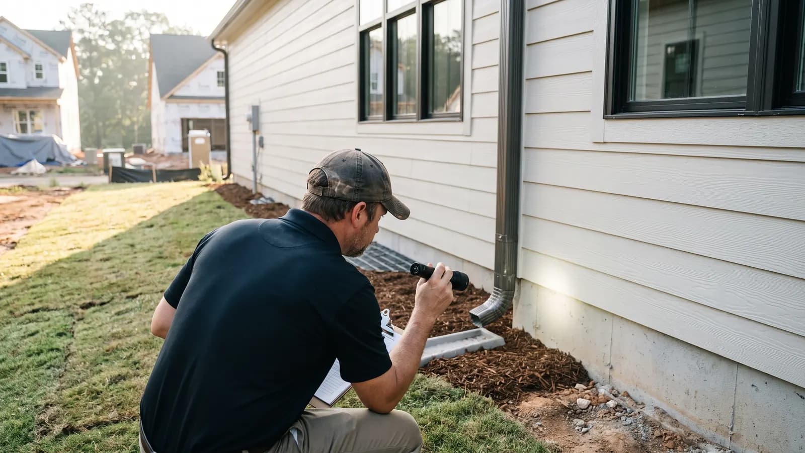 Inspector checking the grading and downspout at a new build foundation
