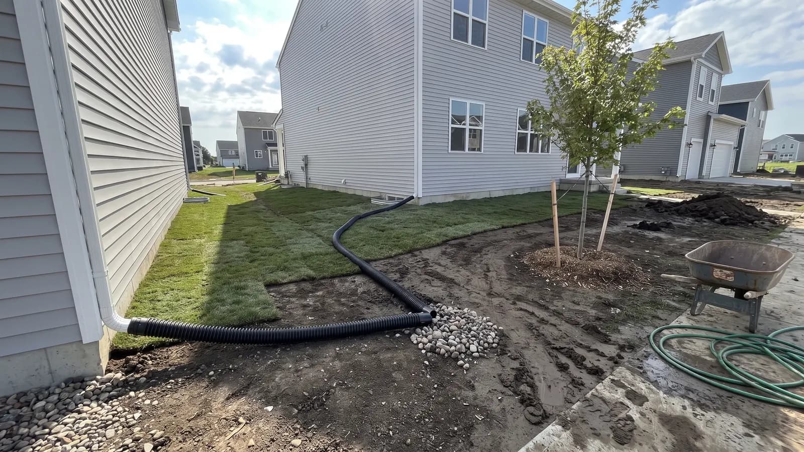 Fresh sod and a staked young tree in the yard of a new build