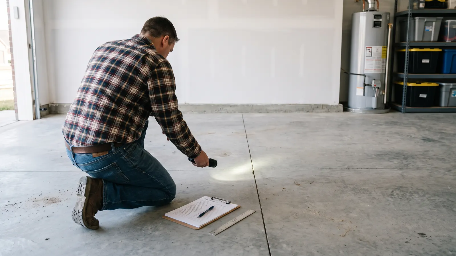 Homeowner checking a crack in a new garage slab before the warranty ends