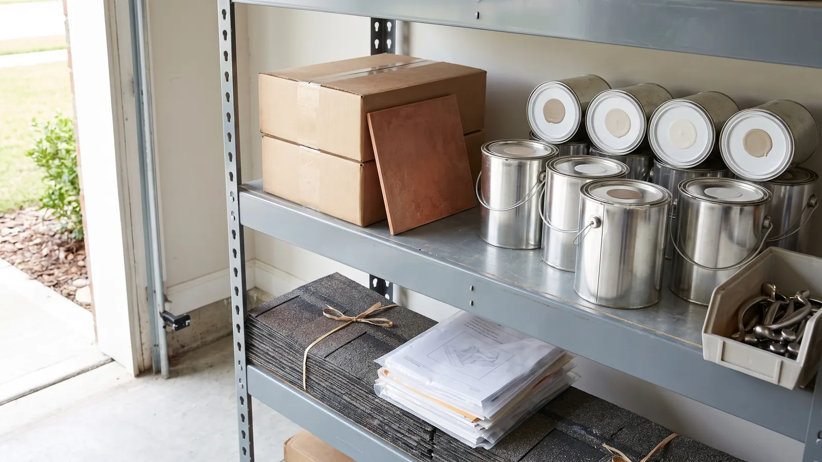 Leftover paint cans, spare tile and appliance manuals on a garage shelf