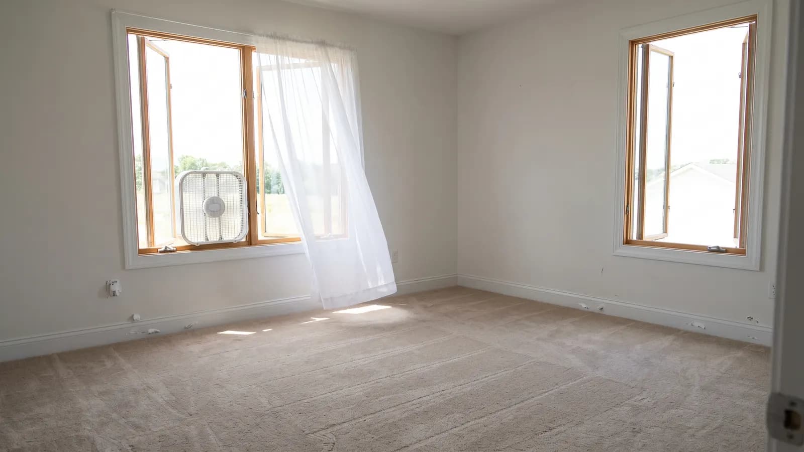 Empty new home room aired out with windows open to clear off gassing