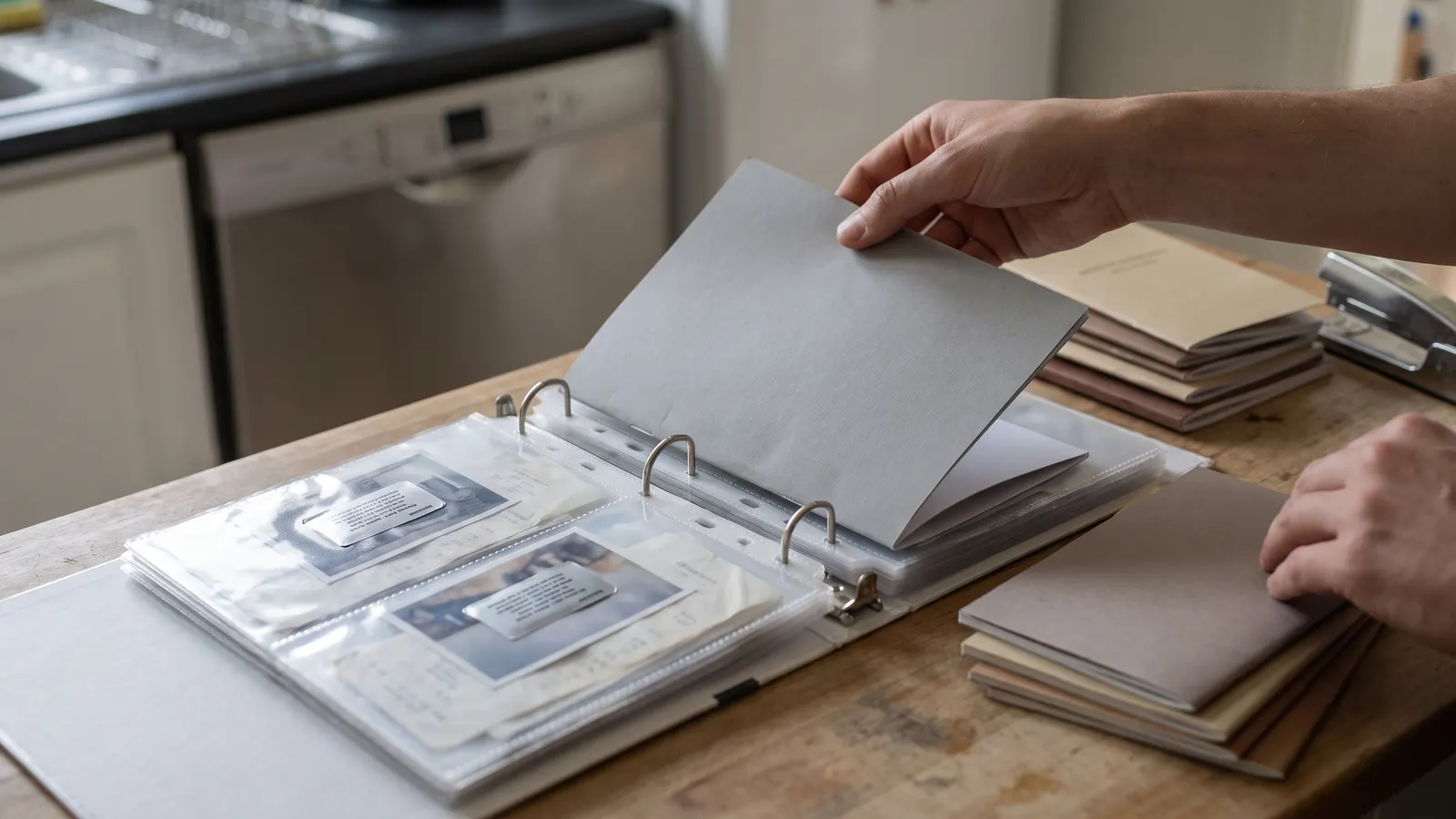 Appliance manuals filed in a binder with serial photos and receipts