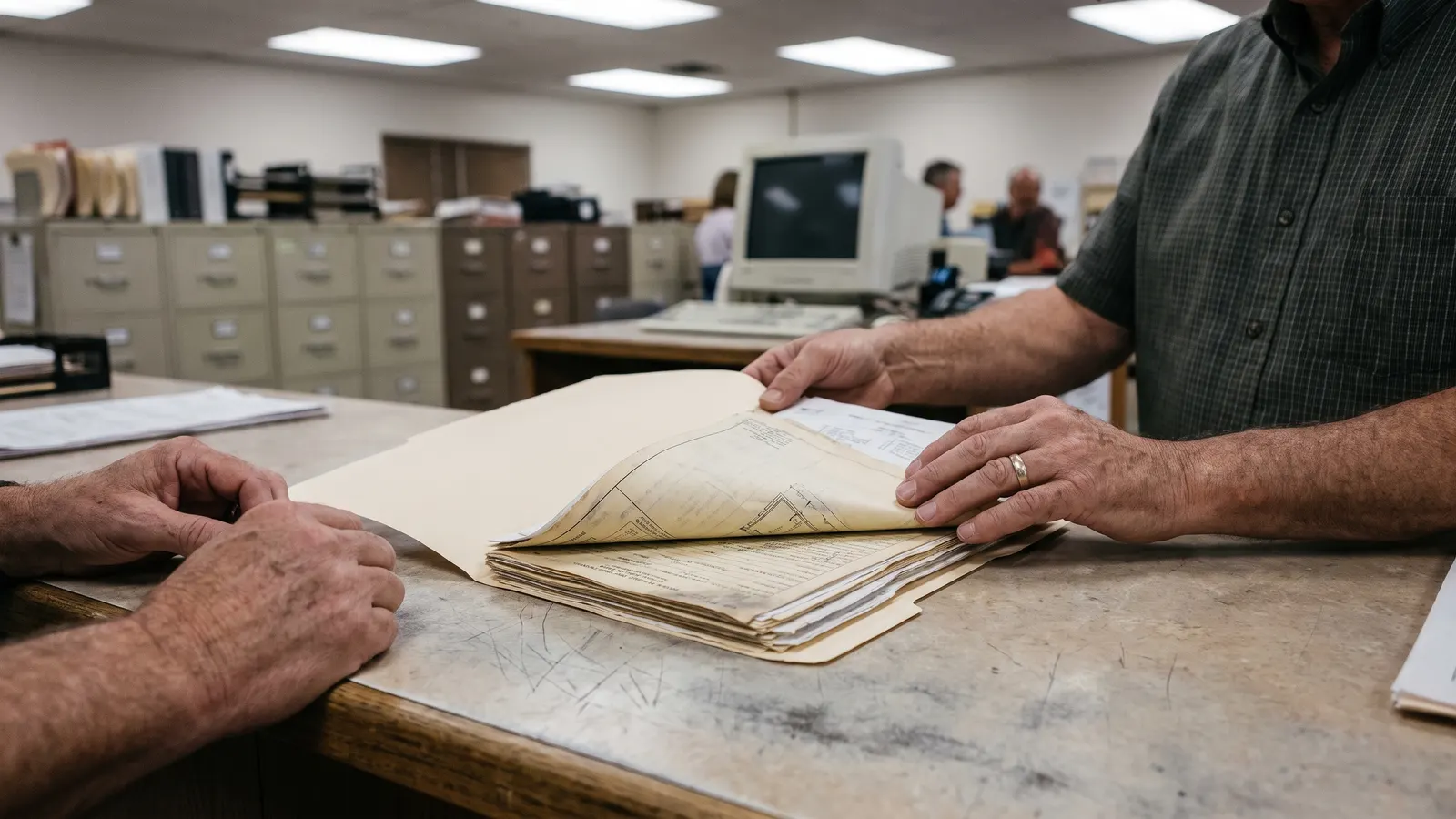 Permit records folder at a county building department counter
