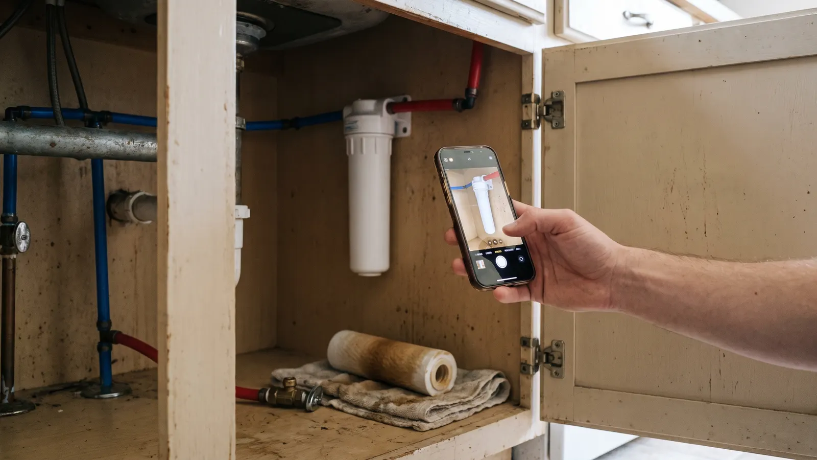 Photographing a newly replaced water filter cartridge under a kitchen sink