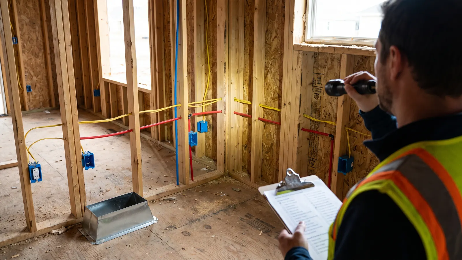 Pre-drywall inspection of wiring and plumbing in open walls