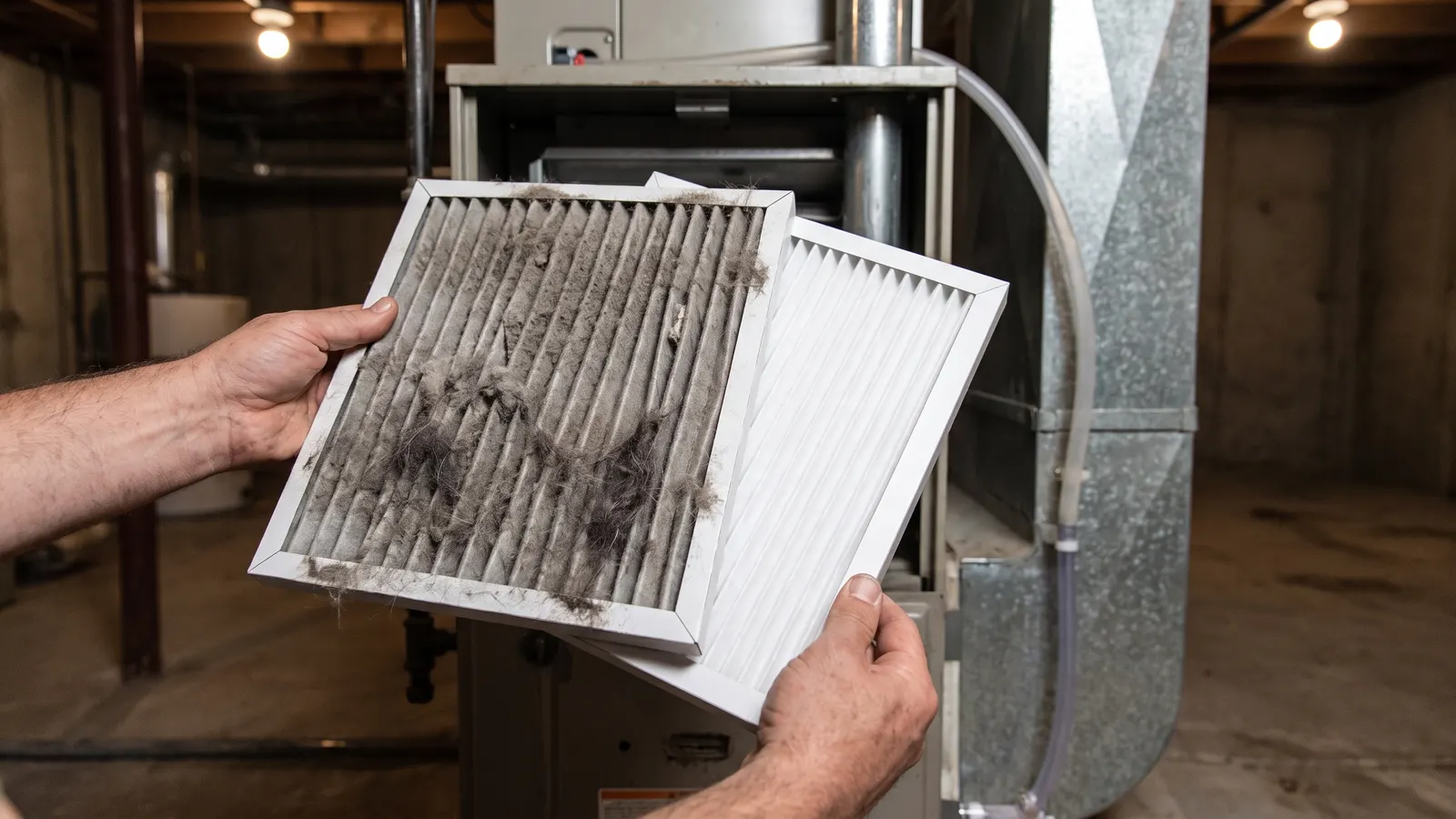 Dirty furnace filter next to a clean new one during preventive maintenance
