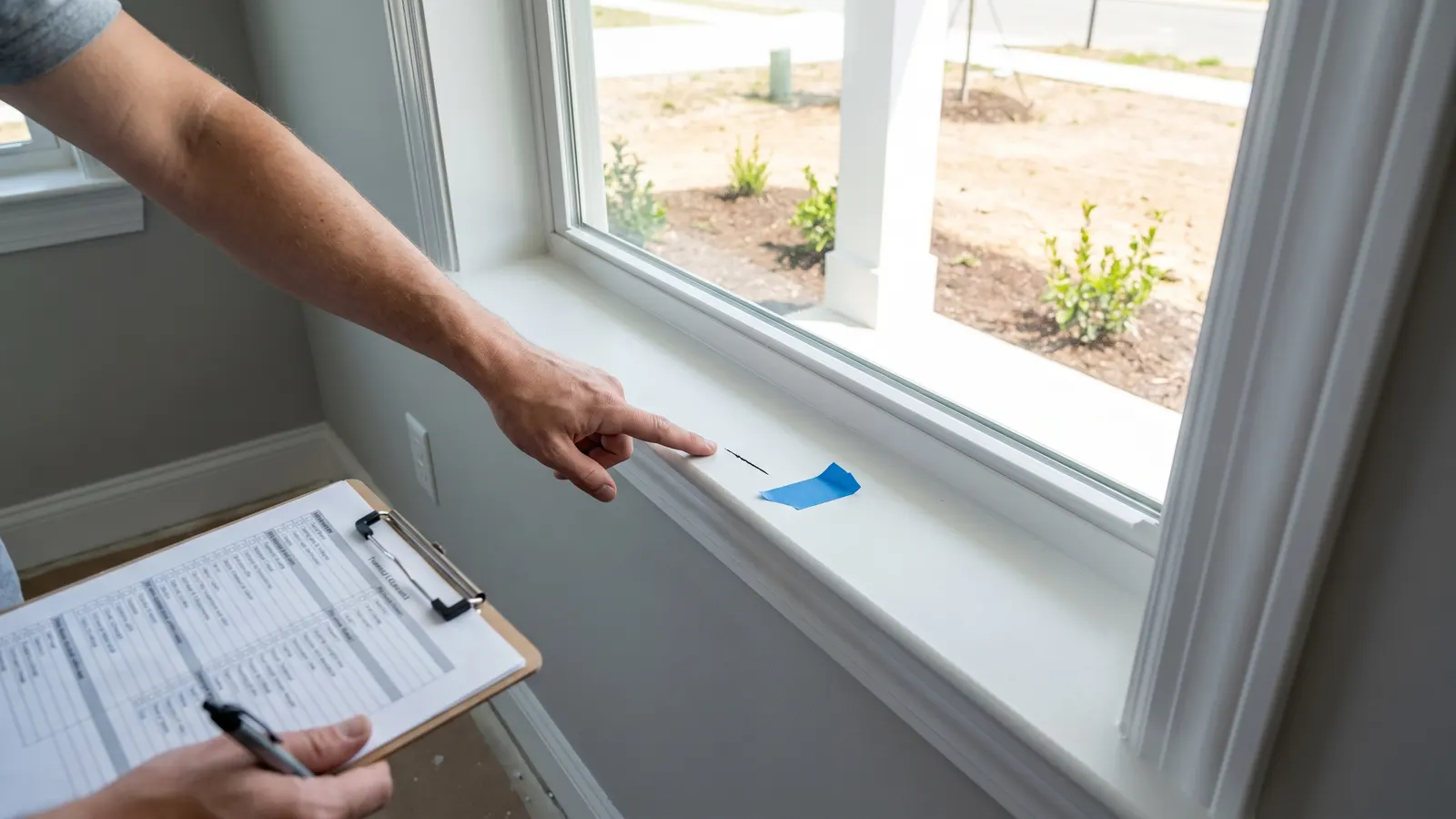 Pointing out a scratched window sill for a new construction punch list