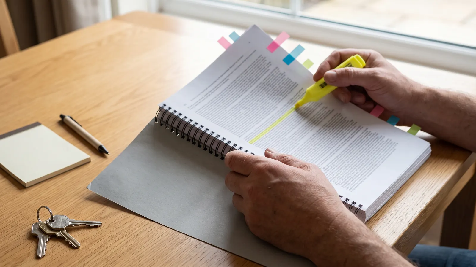 Homeowner reading a builder warranty booklet with a highlighter and sticky flags