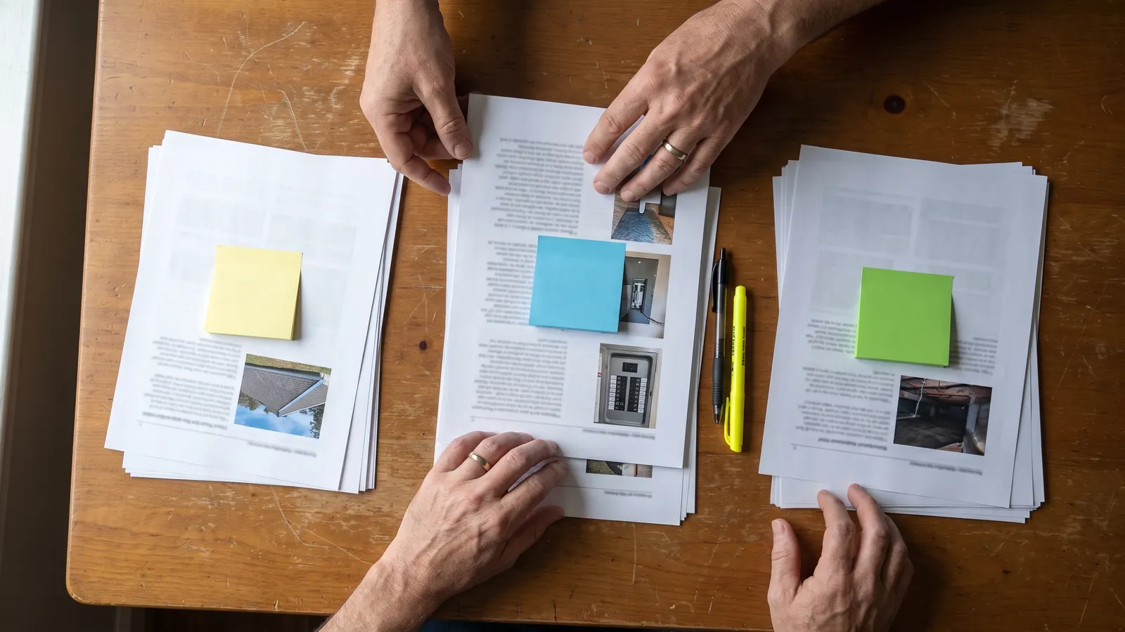 Home inspection report pages sorted into three piles on a table