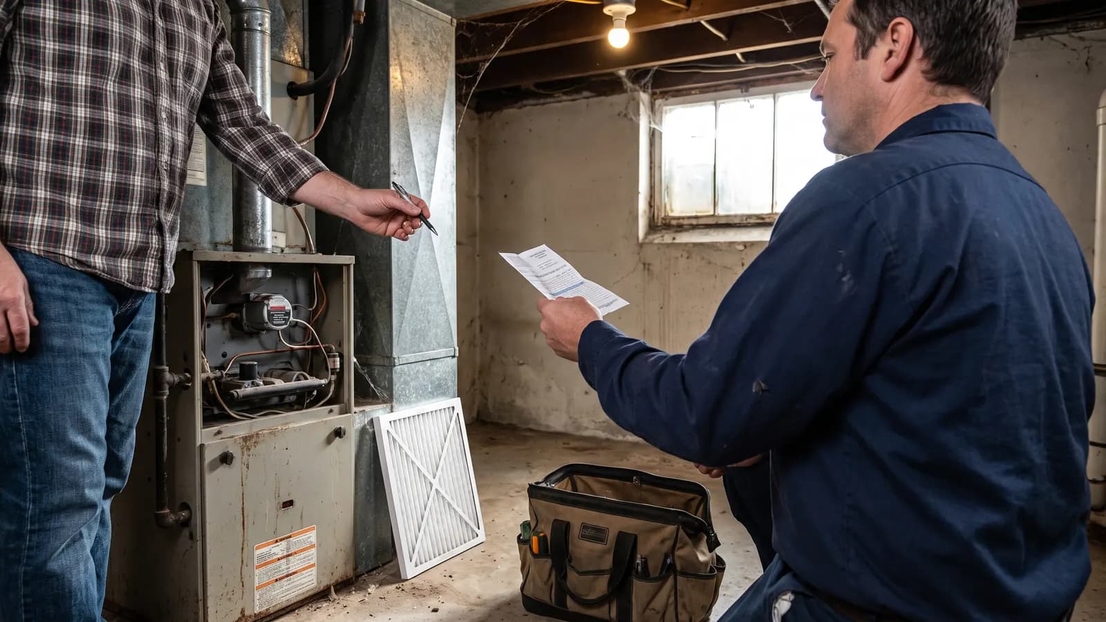 HVAC technician handing a homeowner a service ticket beside the furnace