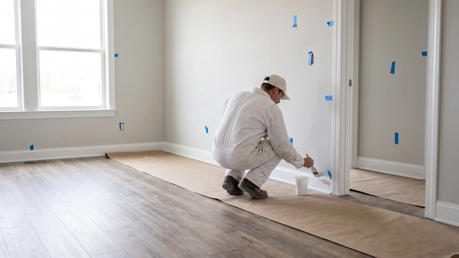 Painter finishing punch list touch ups in a new home before closing