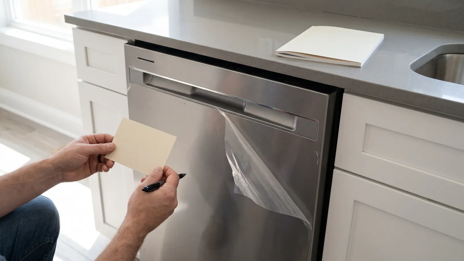 Filling in a warranty registration card beside a new built in dishwasher